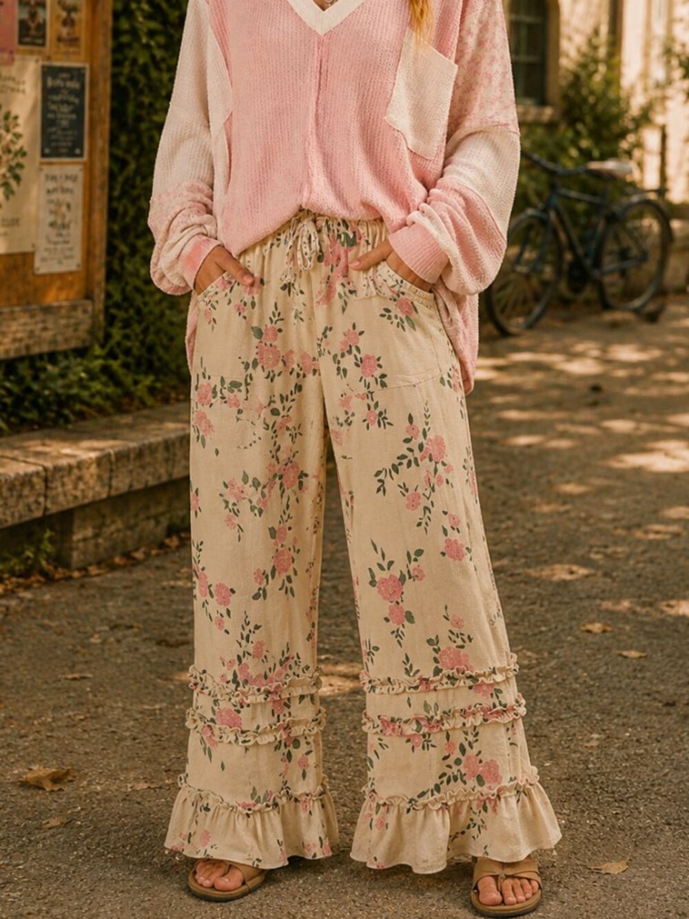 BiBi Floral Denim Ruffle Wide Leg Pants Cottagecore Boho Tiered Palazzo Pants - Picture 3 of 11